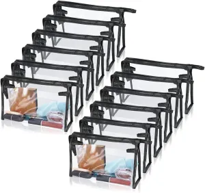 12 Pcs Portable Transparent Cosmetic Bags, Clear Waterproof Makeup Bags with Handle, PVC Travel Toiletry Bags Pouches, Clear Pencil Cases, Stationary Organizers(Black)