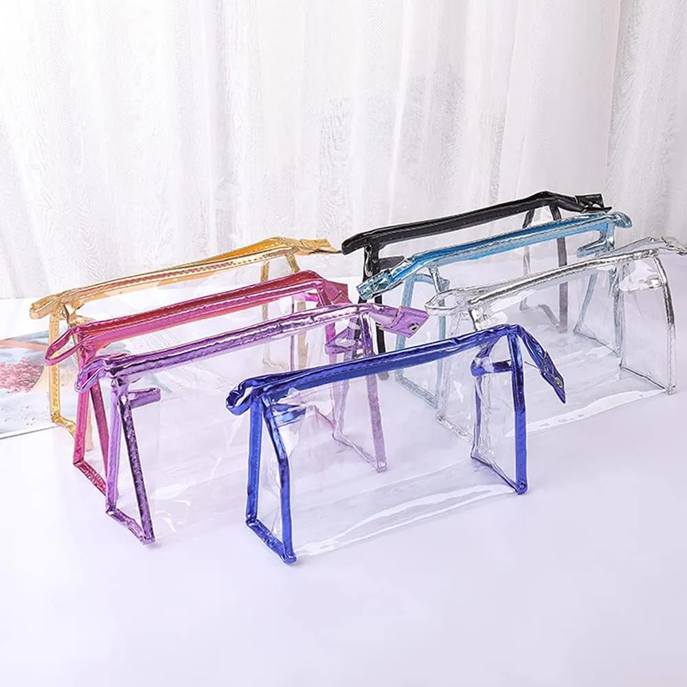 12 Pcs Portable Transparent Cosmetic Bags, Clear Waterproof Makeup Bags with Handle, PVC Travel Toiletry Bags Pouches, Clear Pencil Cases, Stationary Organizers(Black)