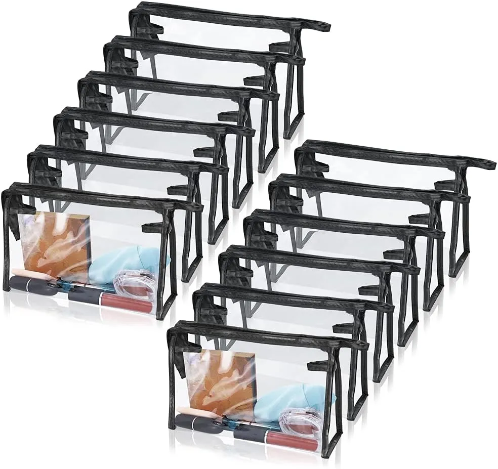 12 Pcs Portable Transparent Cosmetic Bags, Clear Waterproof Makeup Bags with Handle, PVC Travel Toiletry Bags Pouches, Clear Pencil Cases, Stationary Organizers(Black)