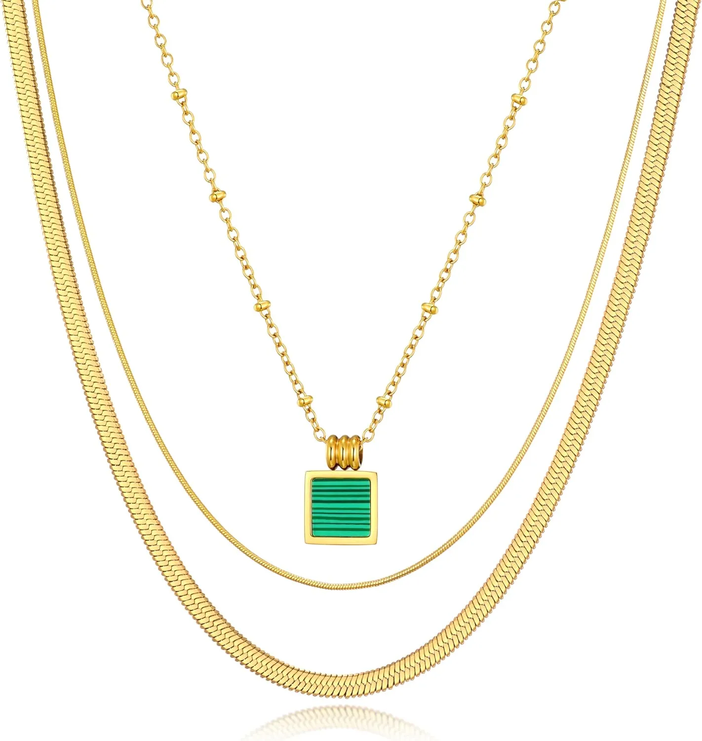 18K Gold Plated Women's Layered Choker Necklaces, Artificial Turquoise Satellite chain Stacking with Snake Chain