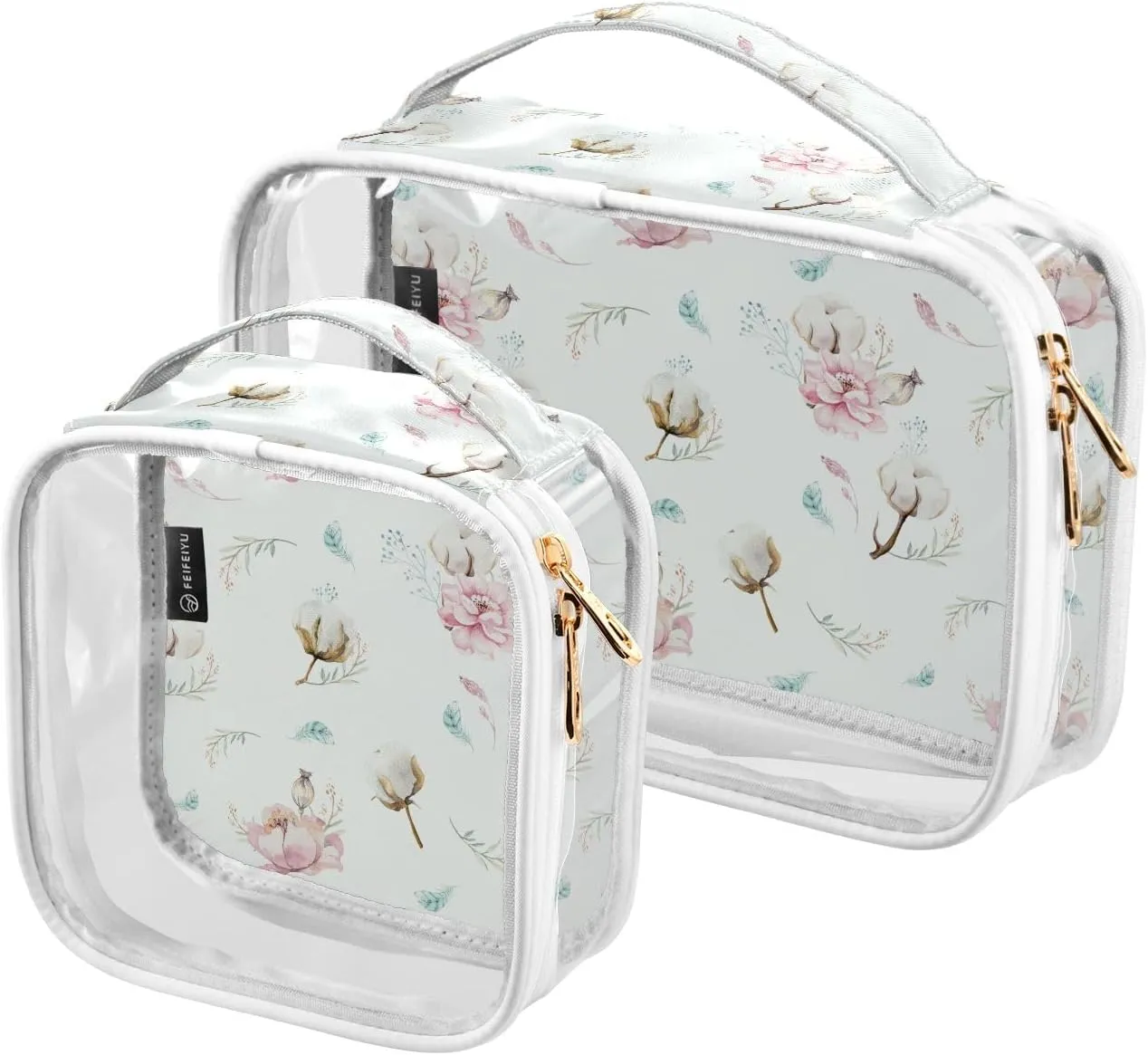 2 Pack Clear Cosmetic Bags with Handles-Cotton Flower PVC Toiletry Bags Zipper Waterproof Portable Travel Storage Pouch