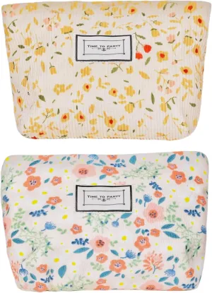 2 Pack Floral Canvas Makeup Bags - Zippered Organizers for Inner Bag, Cosmetics, Purses, Travel, and More (pink yellw)