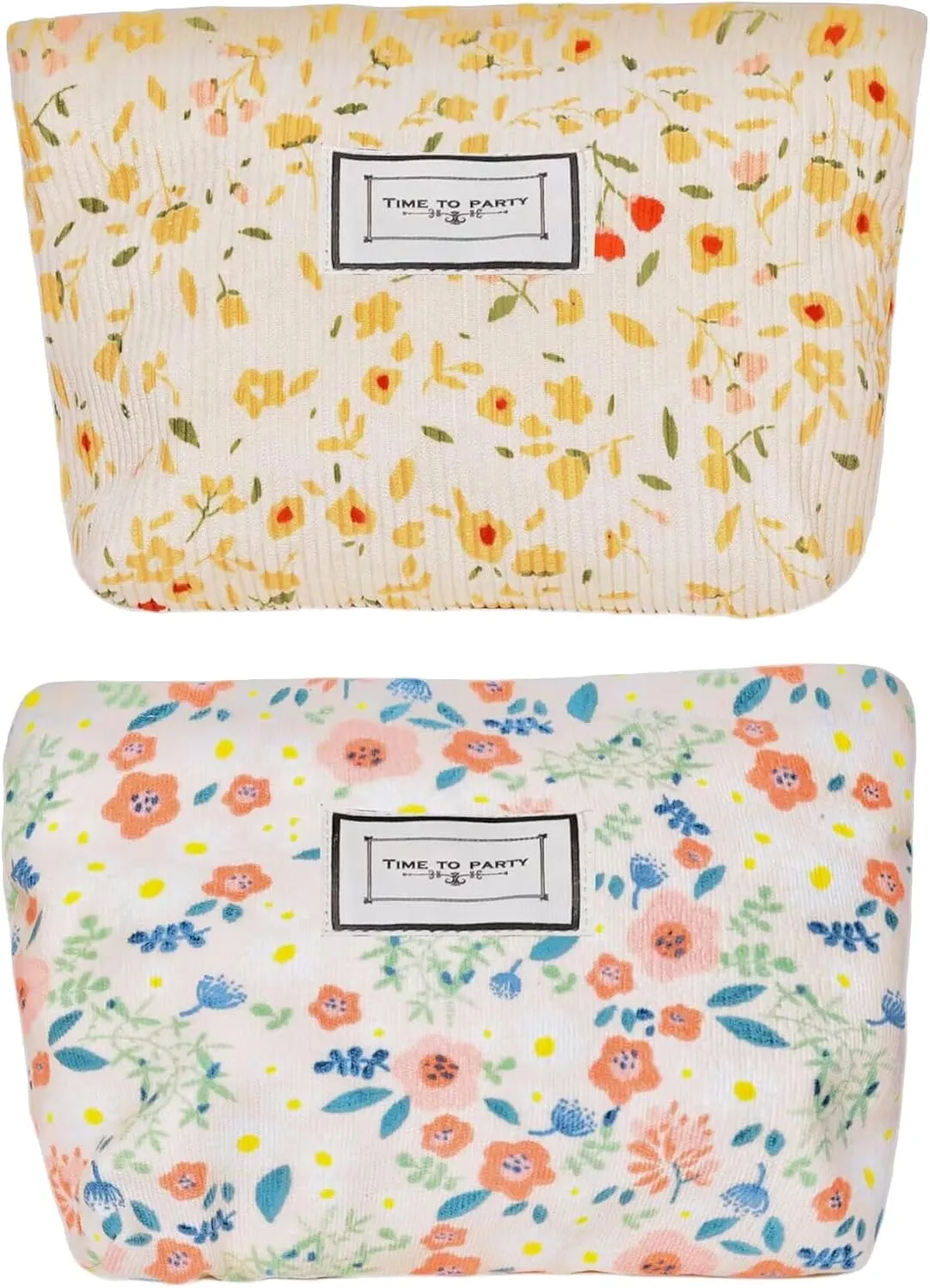 2 Pack Floral Canvas Makeup Bags - Zippered Organizers for Inner Bag, Cosmetics, Purses, Travel, and More (pink yellw)