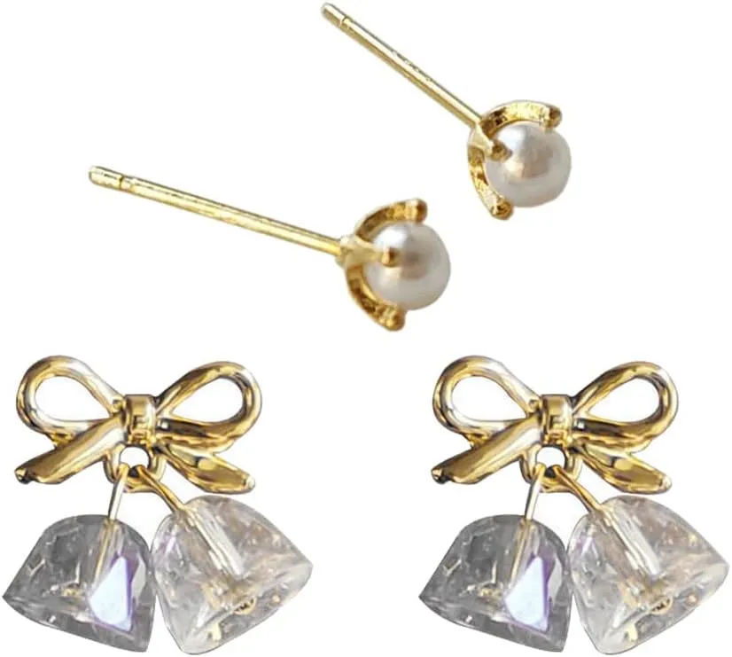 2 Pairs Small Pearl Stud Clear Bells Bowknot Stud Earrings for Womens Gift Luxury Wedding Christmas Birthday Valentines Day Anniversary