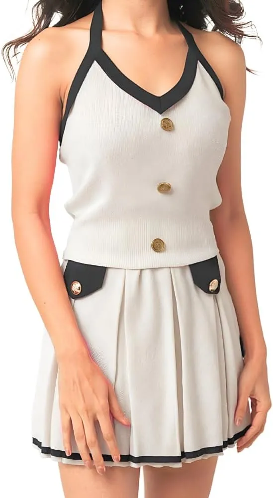 2 Piece Skirt Sets for Women in White with Small Size | Skirt Set or Skort Set with Stylish Button Design | Skort Sets Women 2 Piece Outfits with V-Neck Top & Striped Pattern Minis