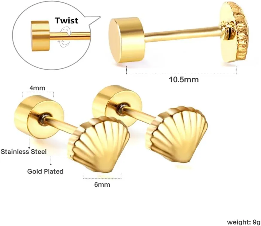 20G Shell Seashore Screw Back Small Stud Earrings for Women Minimalist 14K Gold Plated Surgical Steel Seashell Cartilage Tragus Piercing Sleeper Studs Hypoallergenic for Sensitive Ears Gift