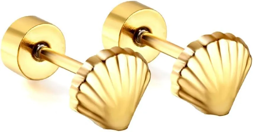 20G Shell Seashore Screw Back Small Stud Earrings for Women Minimalist 14K Gold Plated Surgical Steel Seashell Cartilage Tragus Piercing Sleeper Studs Hypoallergenic for Sensitive Ears Gift