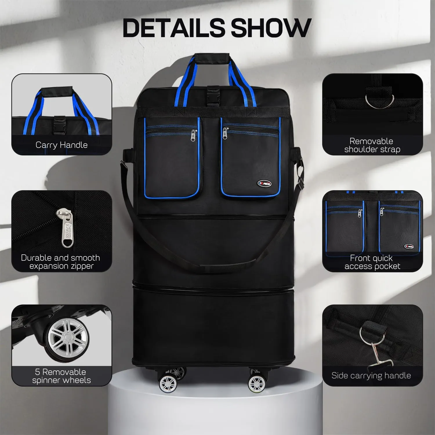 30''Rolling Duffle Bag with Wheels-Expandable Duffle Bag for Travel-Waterproof Suitcase-Weekend Bags#Black-Blue