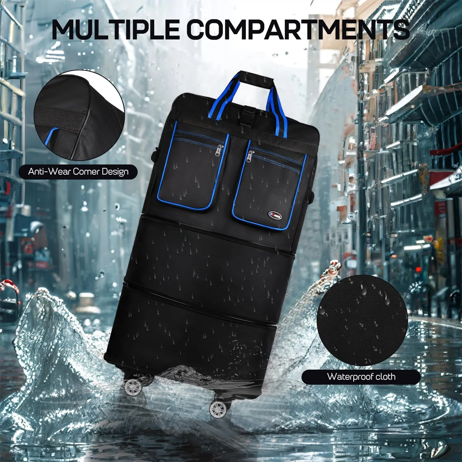 30''Rolling Duffle Bag with Wheels-Expandable Duffle Bag for Travel-Waterproof Suitcase-Weekend Bags#Black-Blue