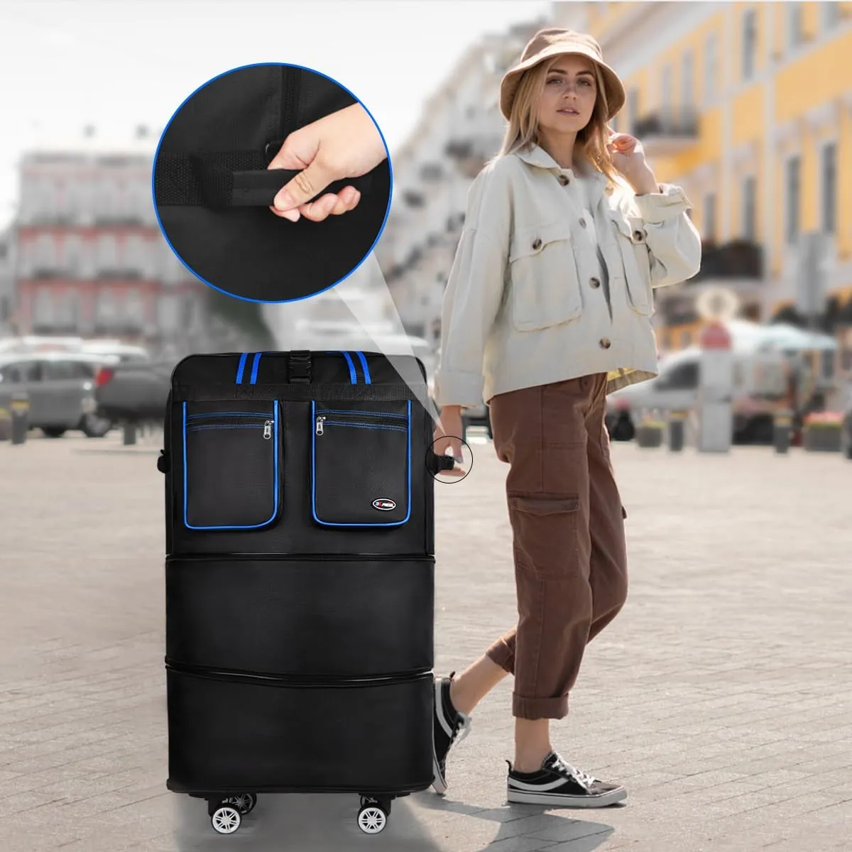 30''Rolling Duffle Bag with Wheels-Expandable Duffle Bag for Travel-Waterproof Suitcase-Weekend Bags#Black-Blue