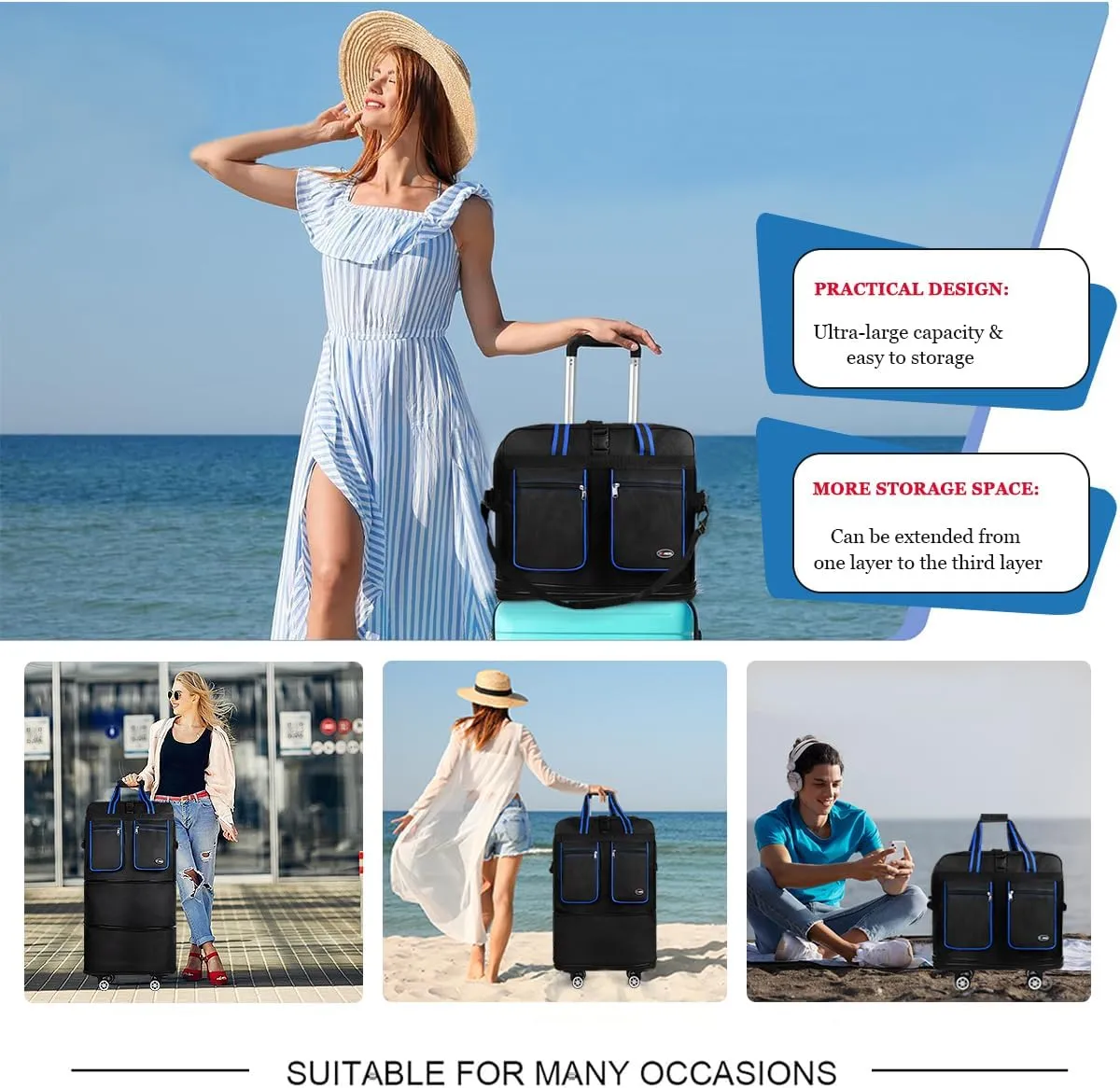 30''Rolling Duffle Bag with Wheels-Expandable Duffle Bag for Travel-Waterproof Suitcase-Weekend Bags#Black-Blue