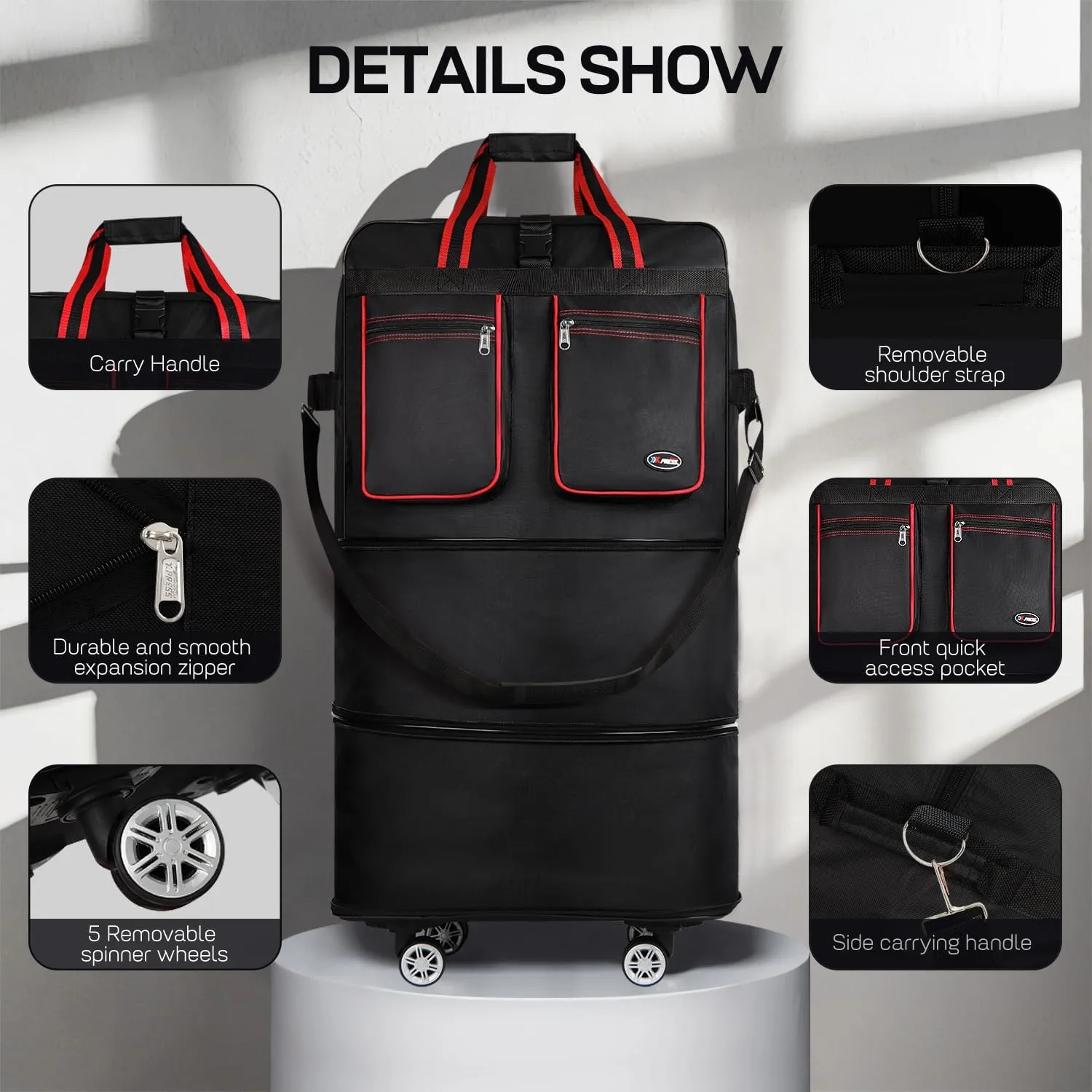 30''Rolling Duffle Bag with Wheels-Expandable Duffle Bag for Travel-Waterproof Suitcase-Weekend Bags#Black-Red