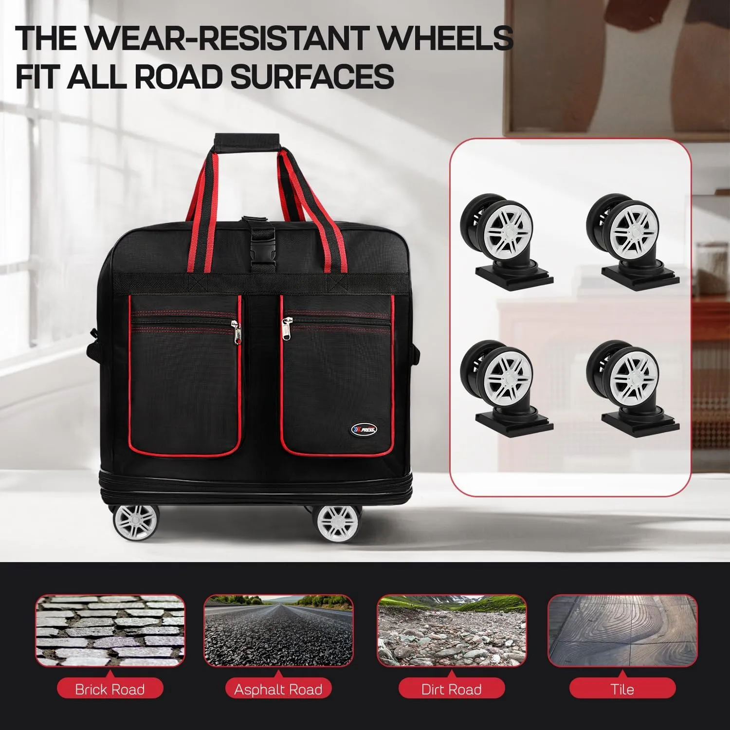 30''Rolling Duffle Bag with Wheels-Expandable Duffle Bag for Travel-Waterproof Suitcase-Weekend Bags#Black-Red