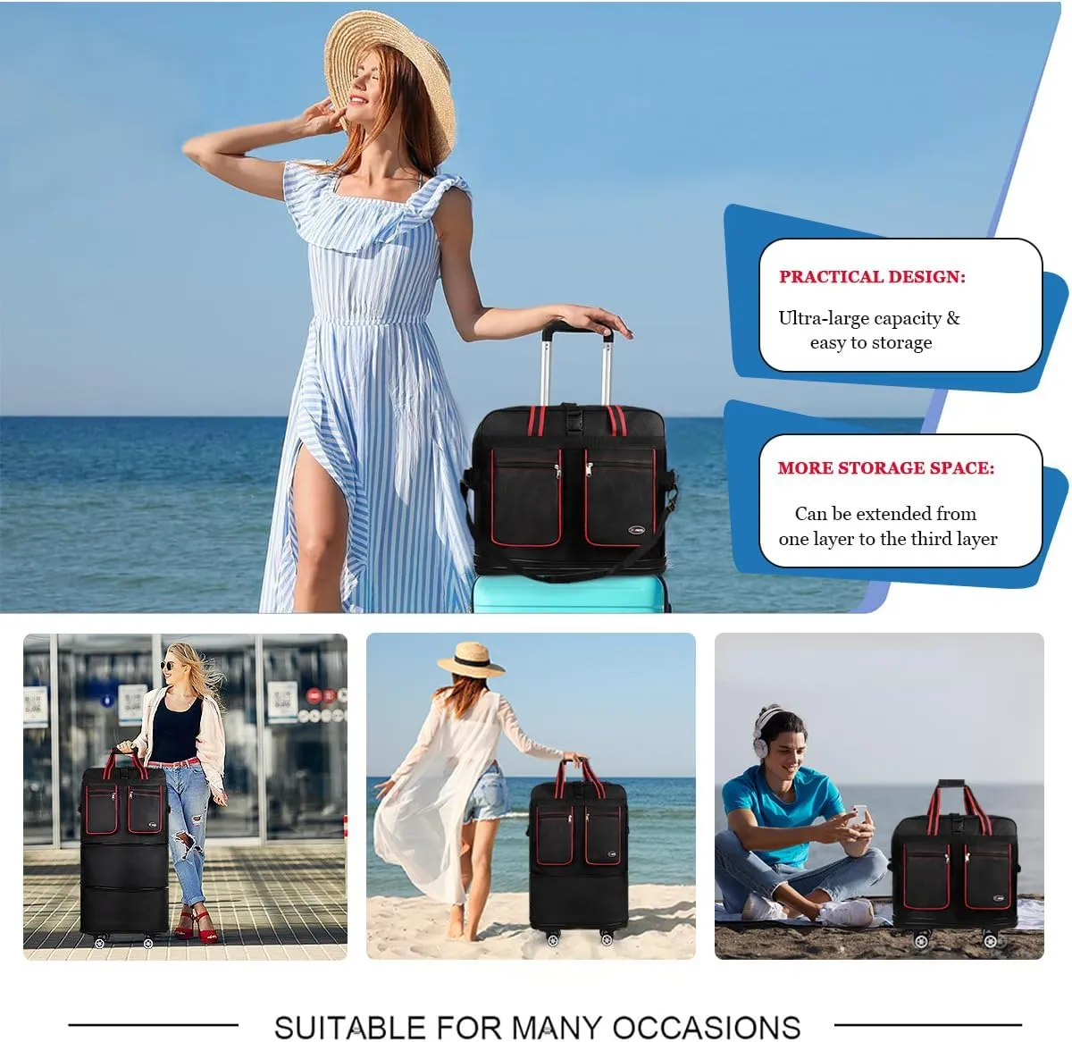 30''Rolling Duffle Bag with Wheels-Expandable Duffle Bag for Travel-Waterproof Suitcase-Weekend Bags#Black-Red