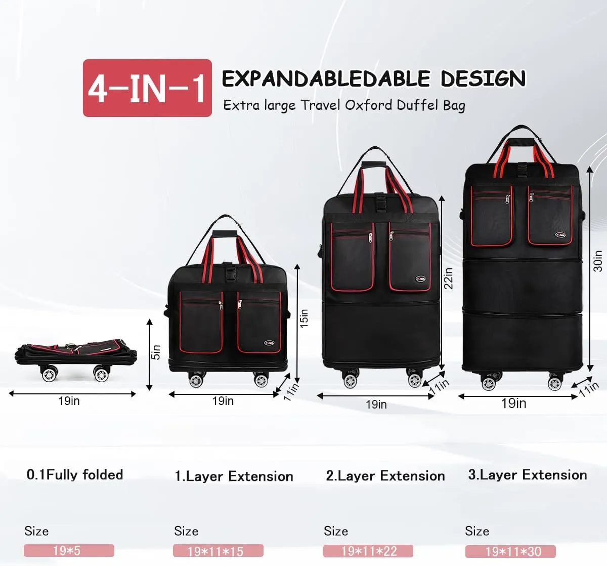30''Rolling Duffle Bag with Wheels-Expandable Duffle Bag for Travel-Waterproof Suitcase-Weekend Bags#Black-Red