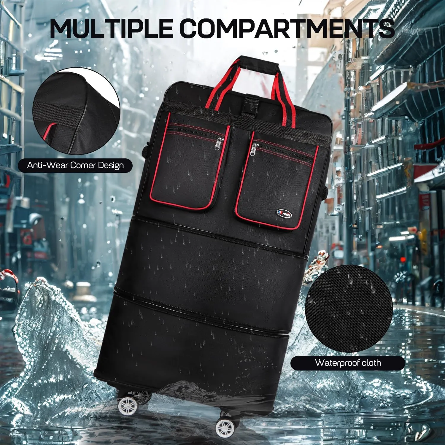 30''Rolling Duffle Bag with Wheels-Expandable Duffle Bag for Travel-Waterproof Suitcase-Weekend Bags#Black-Red