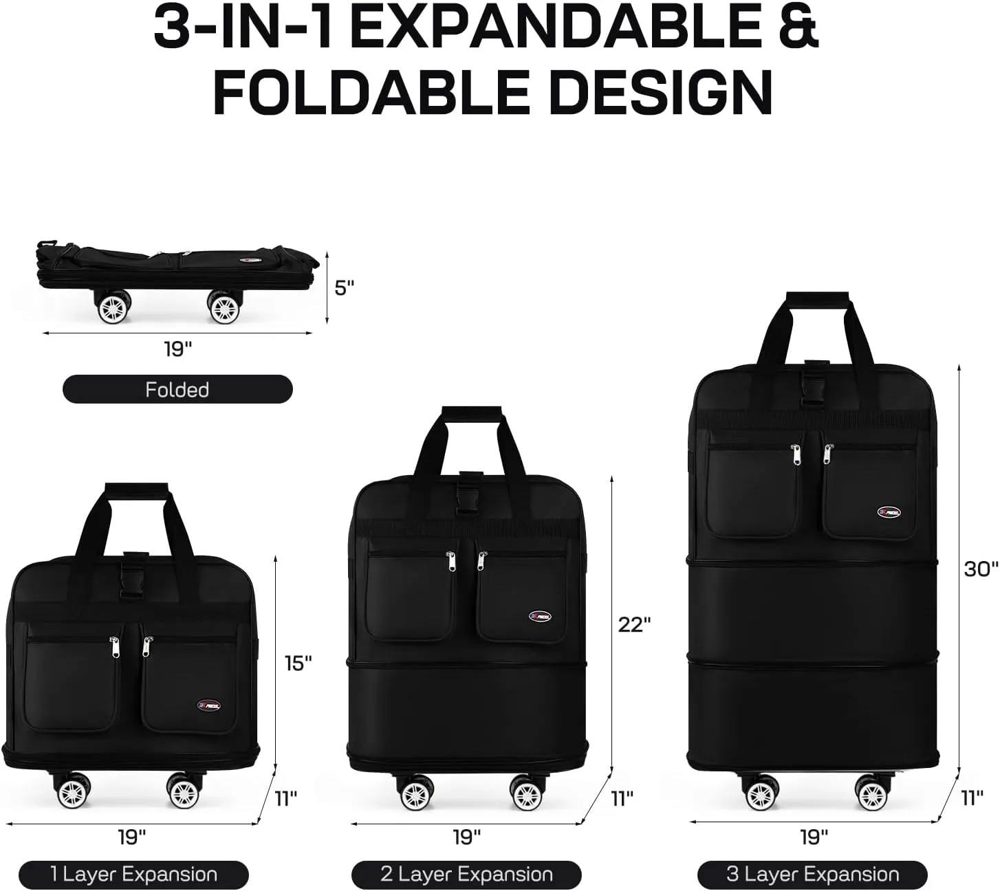 30''Rolling Duffle Bag with Wheels-Expandable Duffle Bag for Travel-Waterproof Suitcase-Weekend Bags#Black