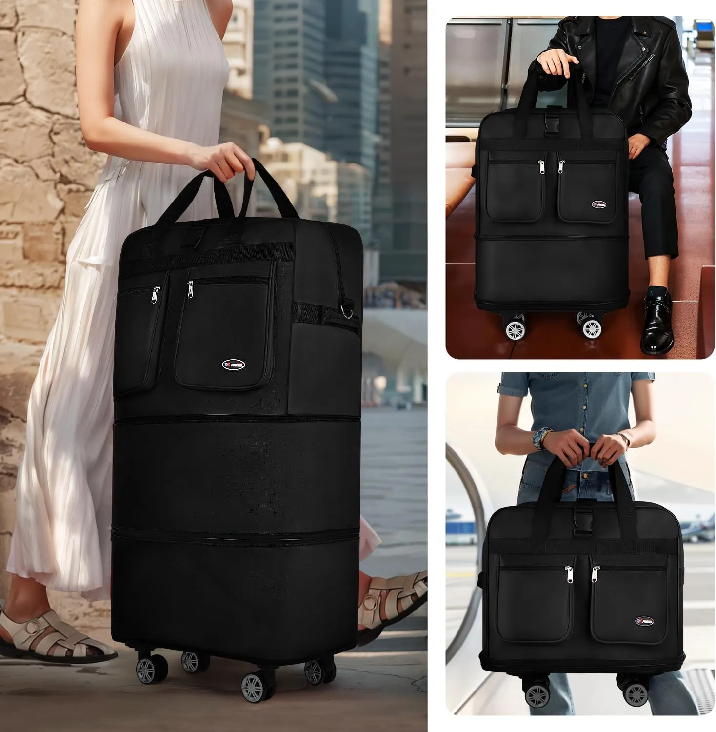 30''Rolling Duffle Bag with Wheels-Expandable Duffle Bag for Travel-Waterproof Suitcase-Weekend Bags#Black