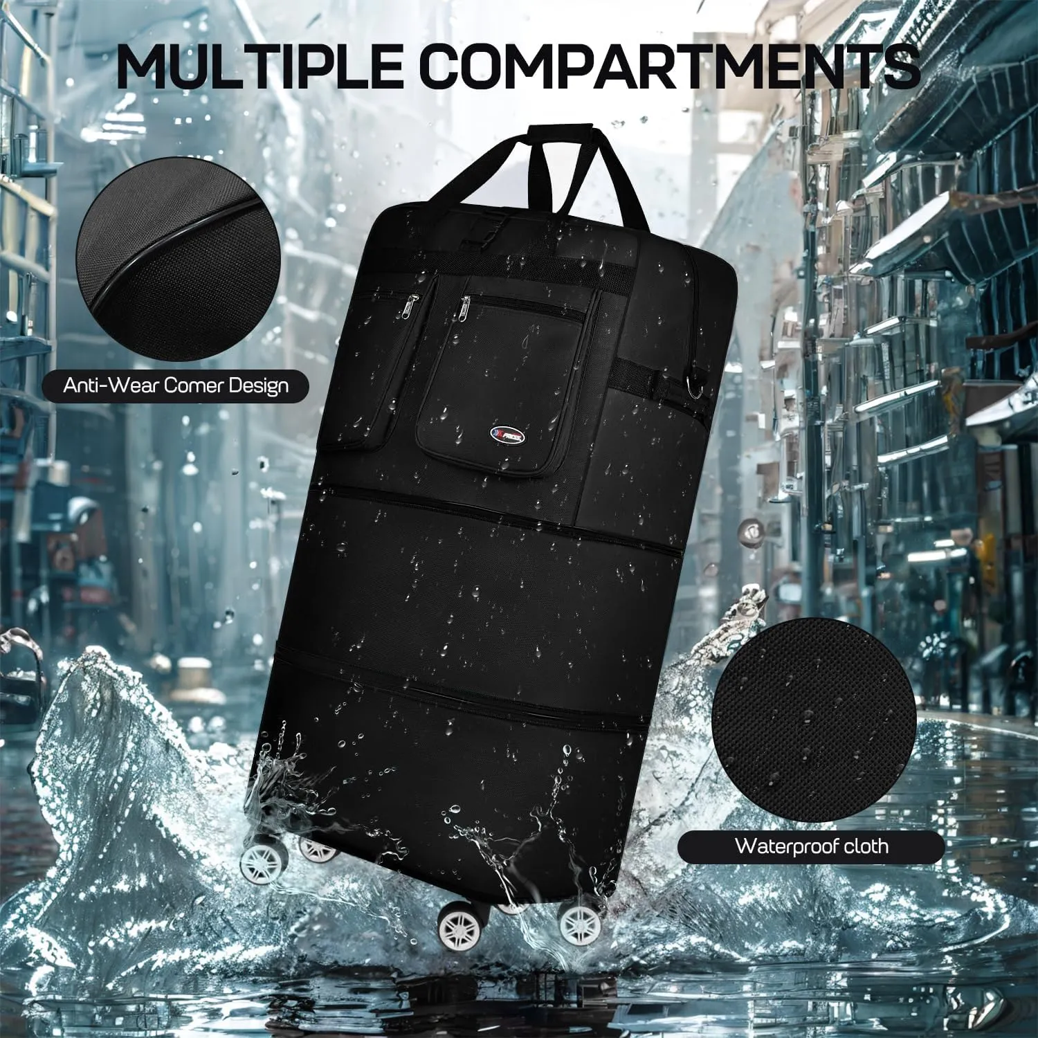30''Rolling Duffle Bag with Wheels-Expandable Duffle Bag for Travel-Waterproof Suitcase-Weekend Bags#Black