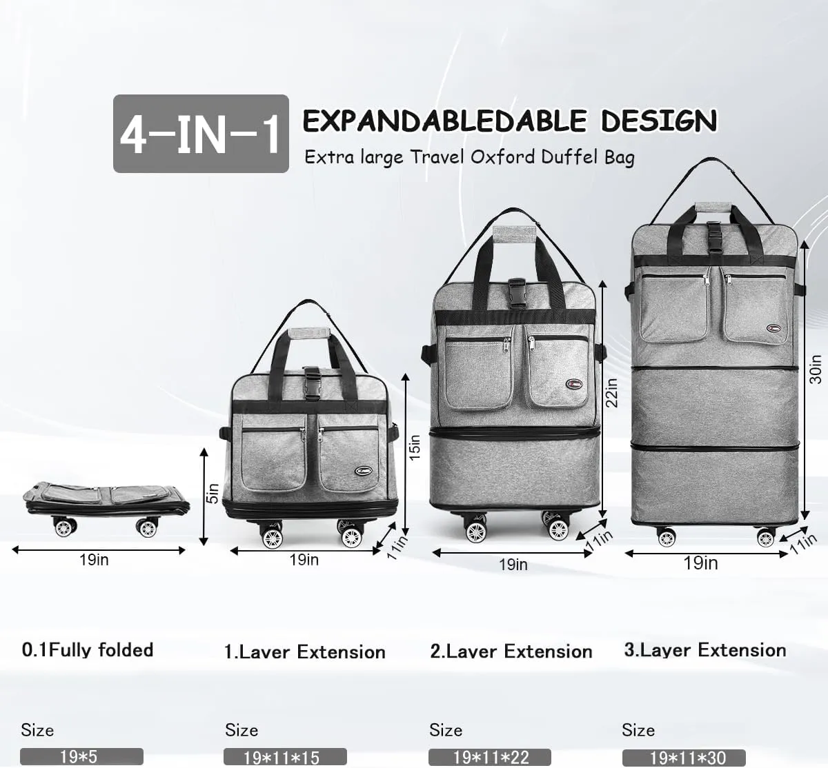 30''Rolling Duffle Bag with Wheels-Expandable Duffle Bag for Travel-Waterproof Suitcase-Weekend Bags#Grey