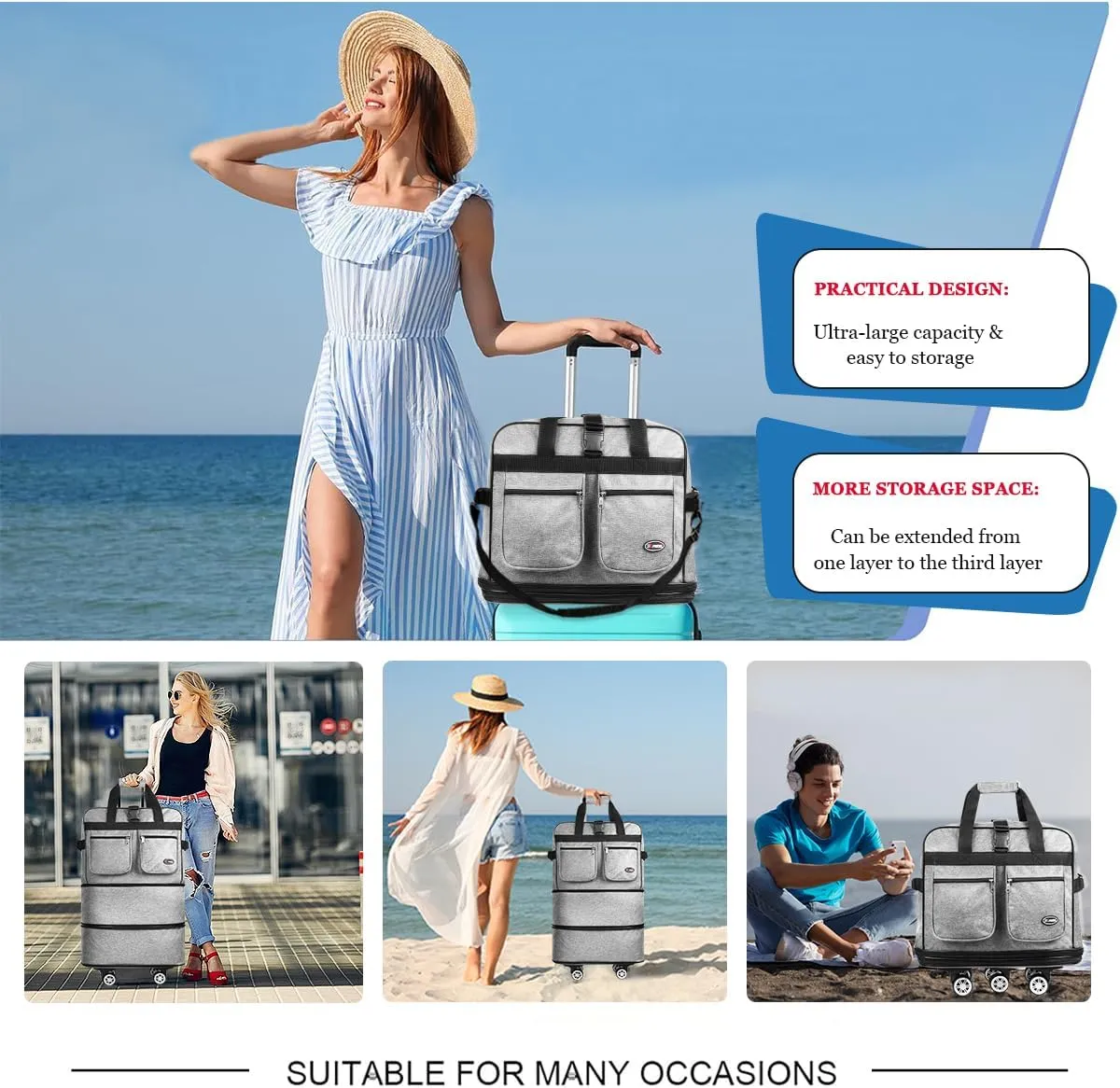 30''Rolling Duffle Bag with Wheels-Expandable Duffle Bag for Travel-Waterproof Suitcase-Weekend Bags#Grey