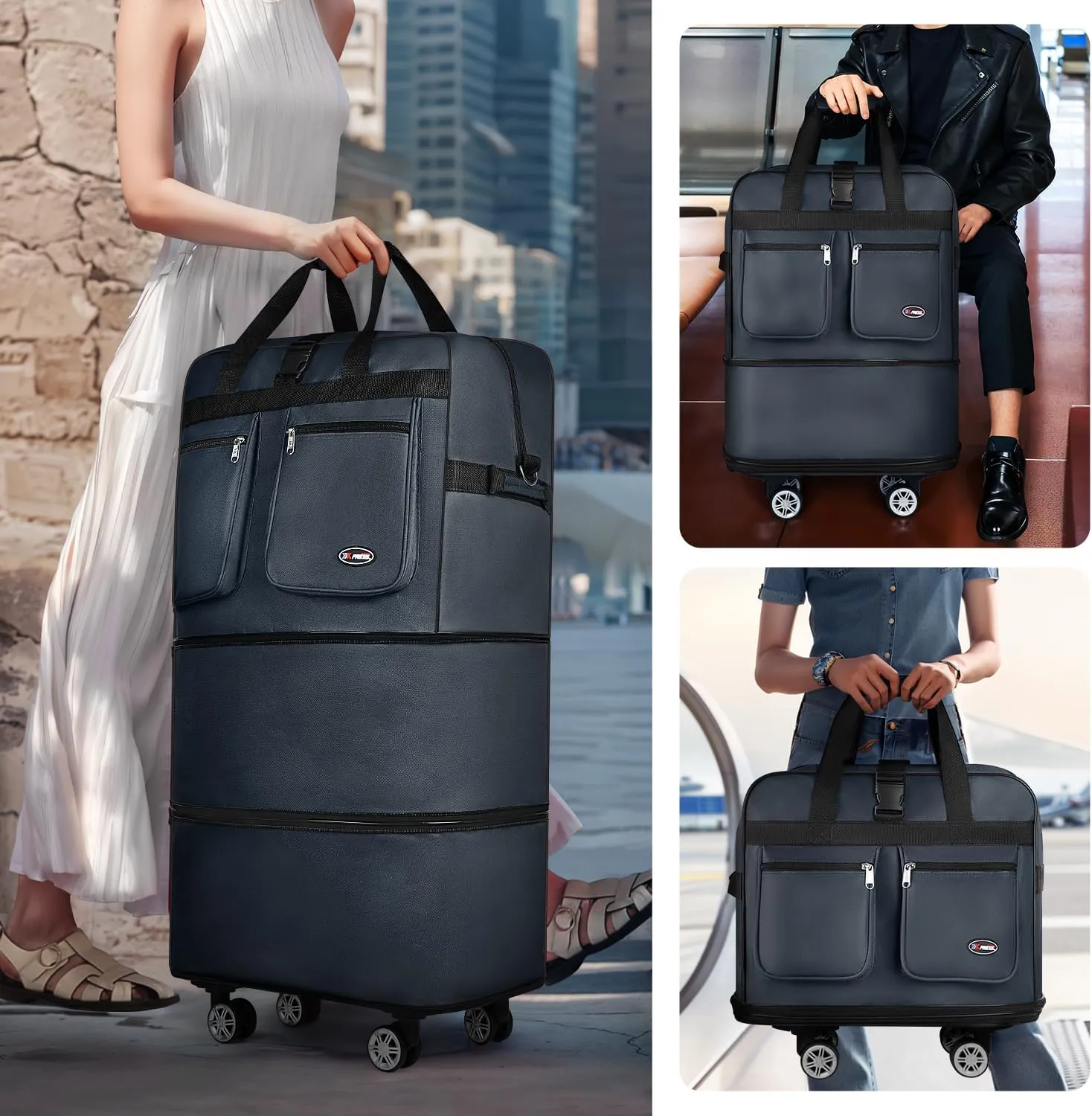 30''Rolling Duffle Bag with Wheels-Expandable Duffle Bag for Travel-Waterproof Suitcase-Weekend Bags#Navy