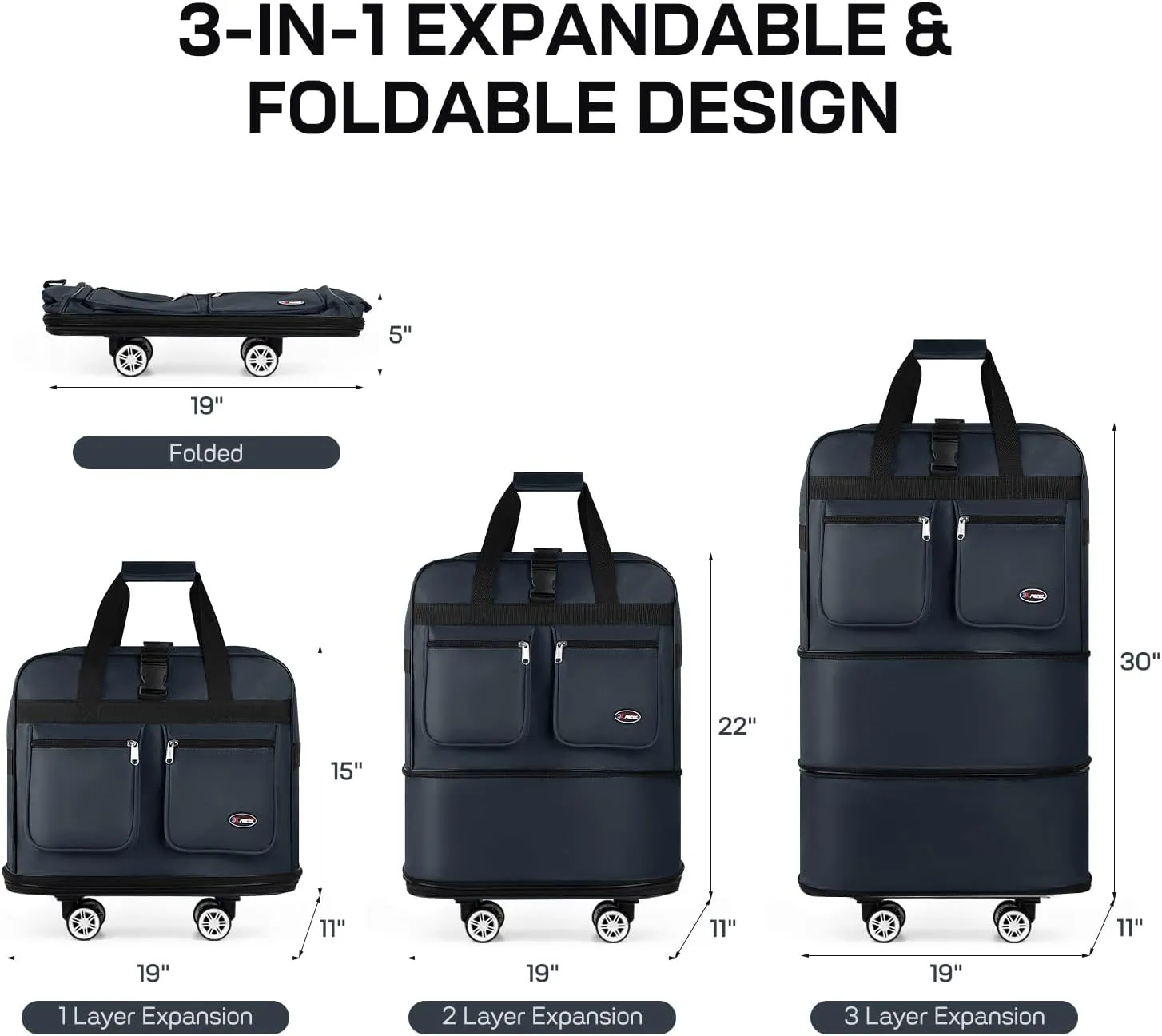 30''Rolling Duffle Bag with Wheels-Expandable Duffle Bag for Travel-Waterproof Suitcase-Weekend Bags#Navy
