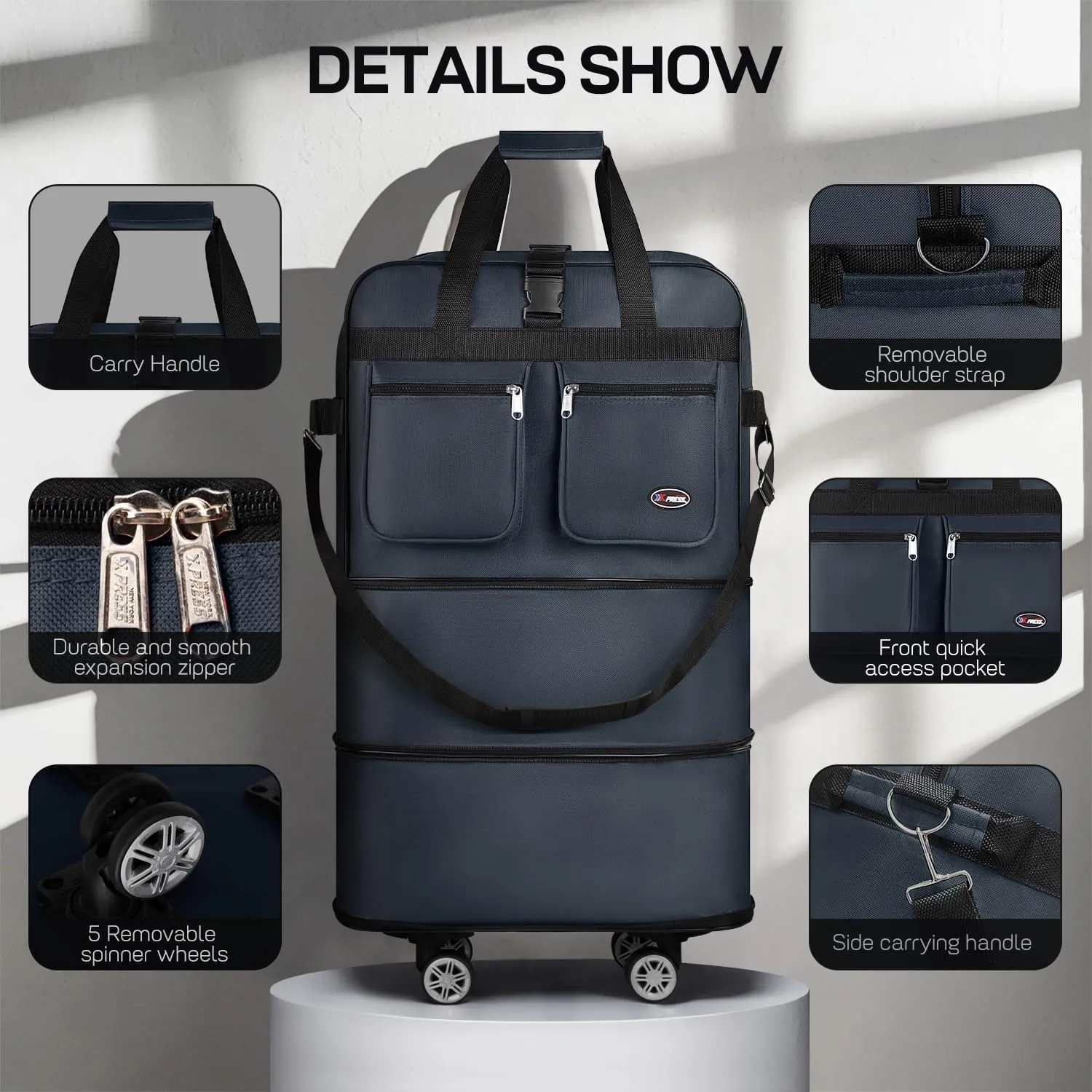 30''Rolling Duffle Bag with Wheels-Expandable Duffle Bag for Travel-Waterproof Suitcase-Weekend Bags#Navy