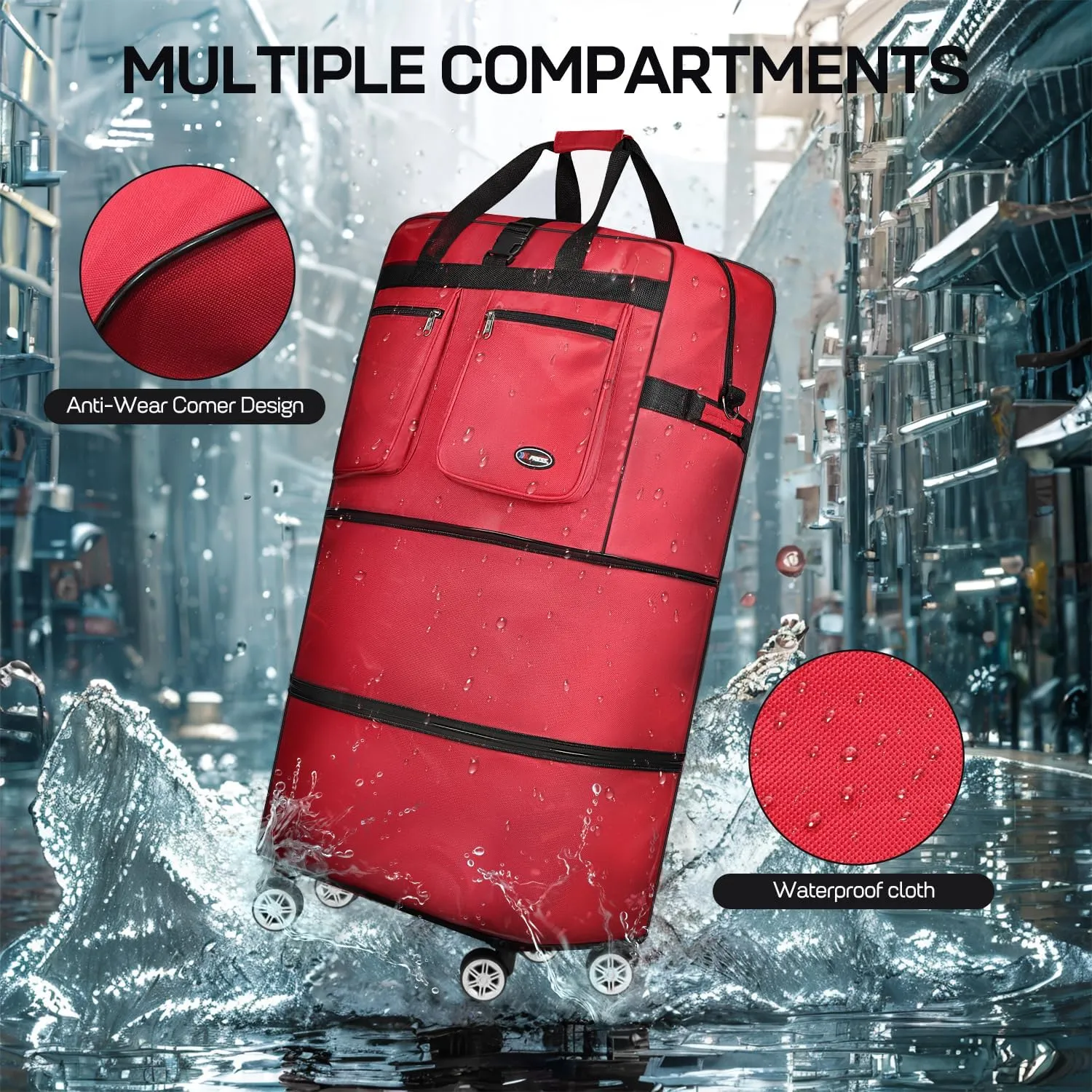 30''Rolling Duffle Bag with Wheels-Expandable Duffle Bag for Travel-Waterproof Suitcase-Weekend Bags#Red