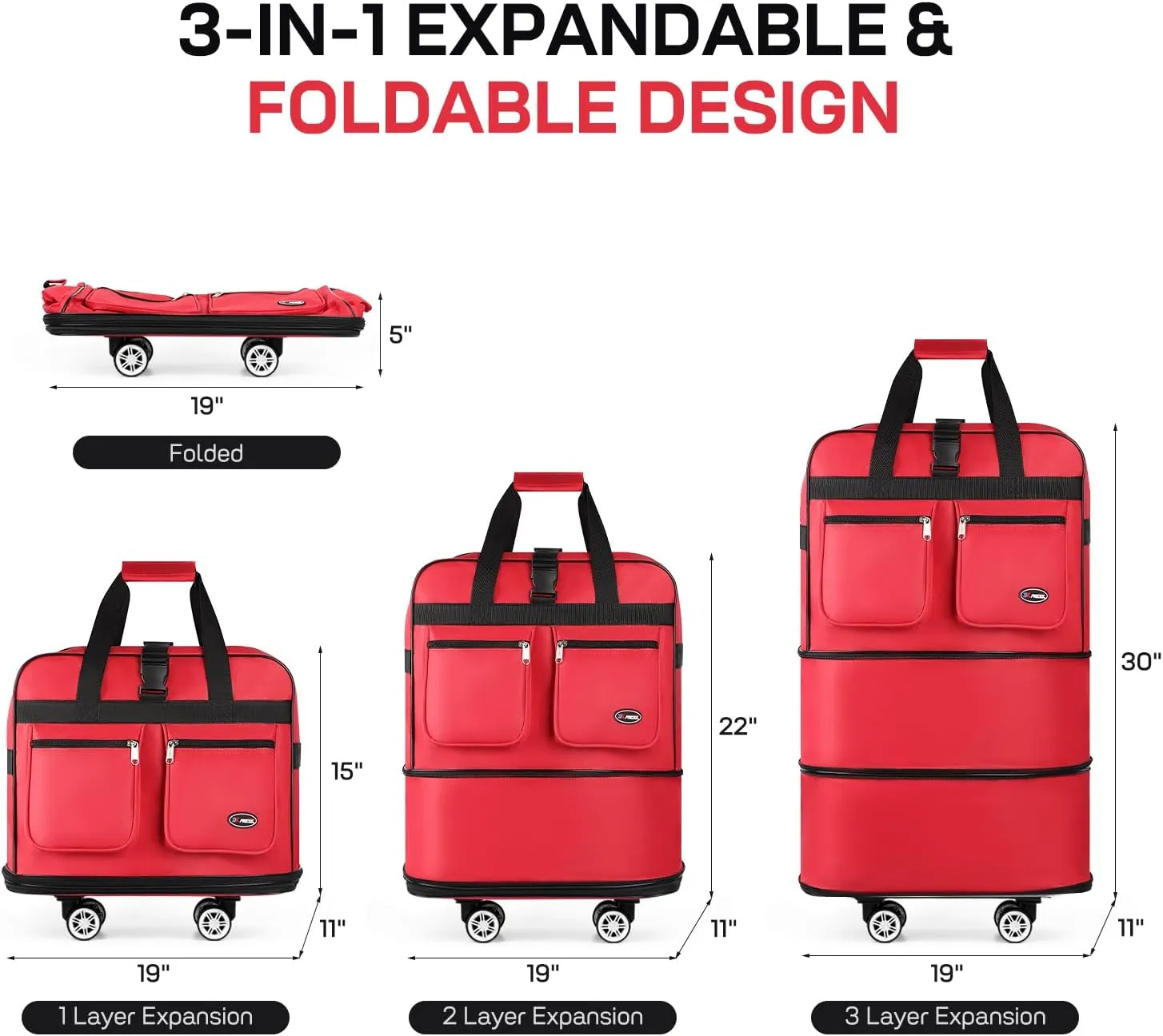 30''Rolling Duffle Bag with Wheels-Expandable Duffle Bag for Travel-Waterproof Suitcase-Weekend Bags#Red