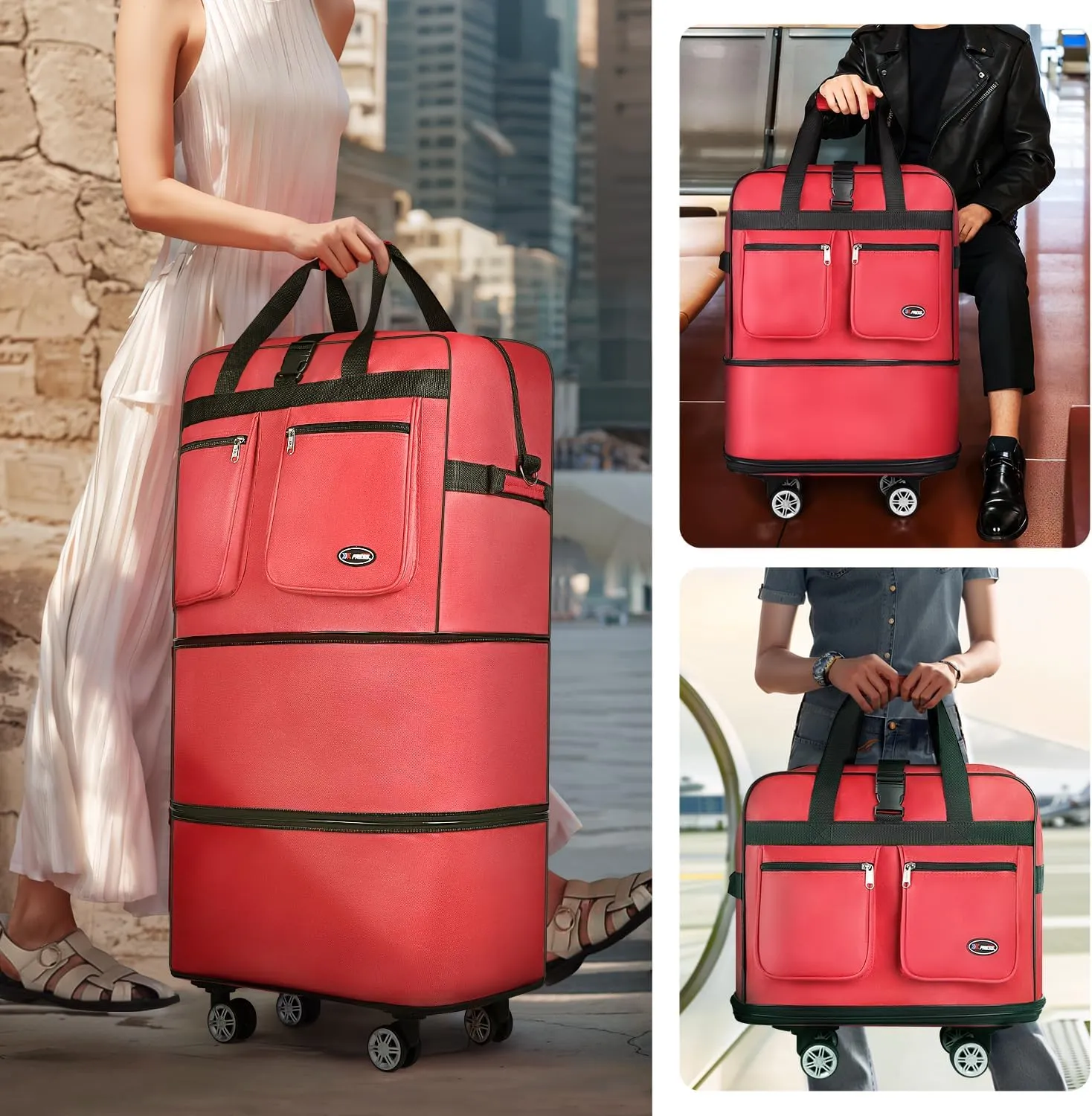 30''Rolling Duffle Bag with Wheels-Expandable Duffle Bag for Travel-Waterproof Suitcase-Weekend Bags#Red