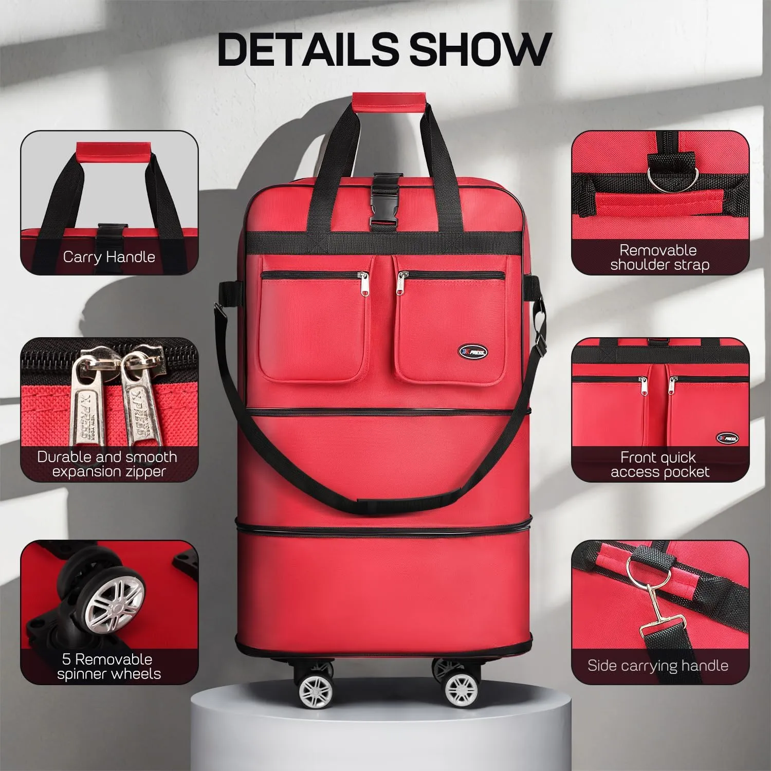 30''Rolling Duffle Bag with Wheels-Expandable Duffle Bag for Travel-Waterproof Suitcase-Weekend Bags#Red