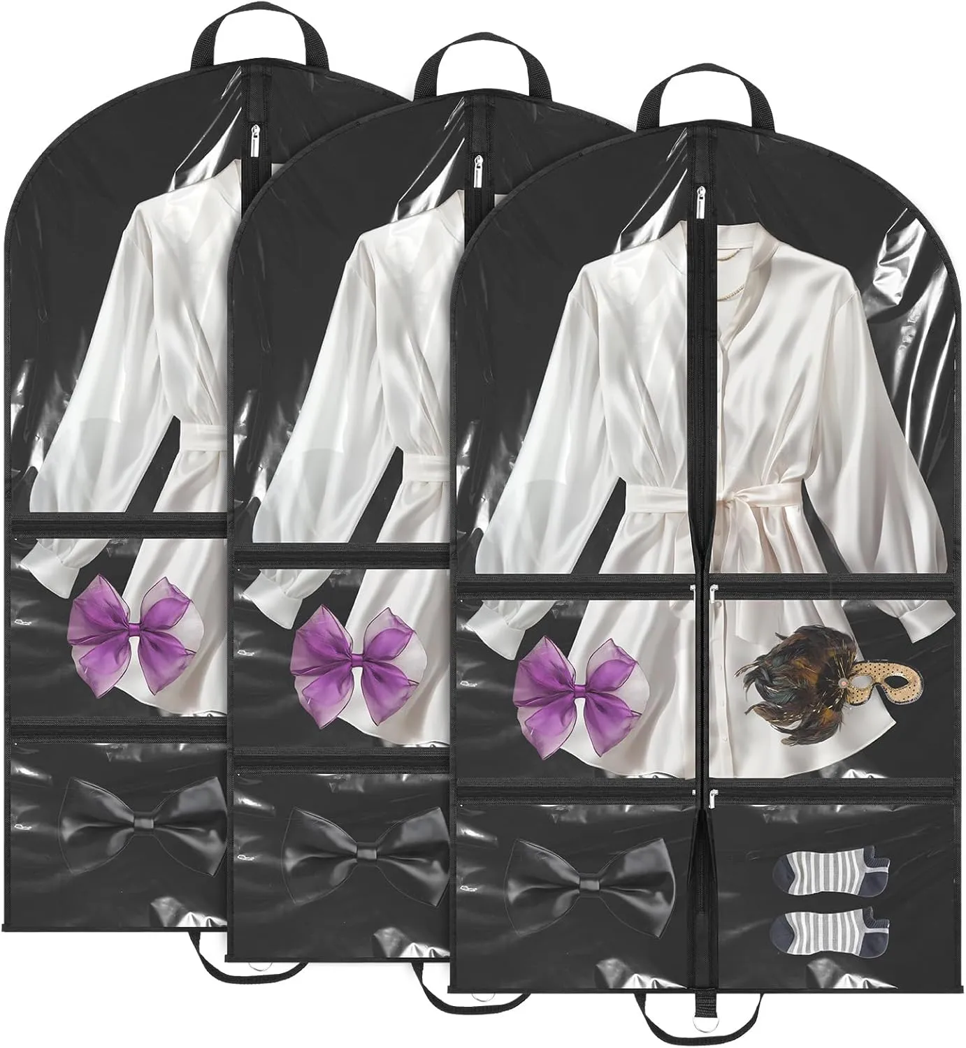 3Pack Garment Bags for Dance Costumes, Clear Dance Garment Bags for Dancers, Kids Garment Bag with 4 Zipper Pockets for Hanging Clothes Dance Competitions, Ballet, Theatre(Black)