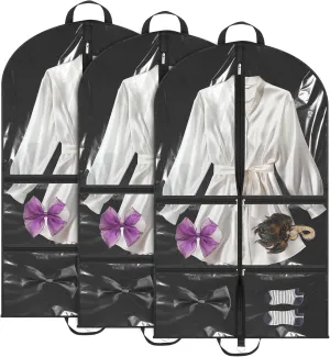 3Pack Garment Bags for Dance Costumes, Clear Dance Garment Bags for Dancers, Kids Garment Bag with 4 Zipper Pockets for Hanging Clothes Dance Competitions, Ballet, Theatre(Black)