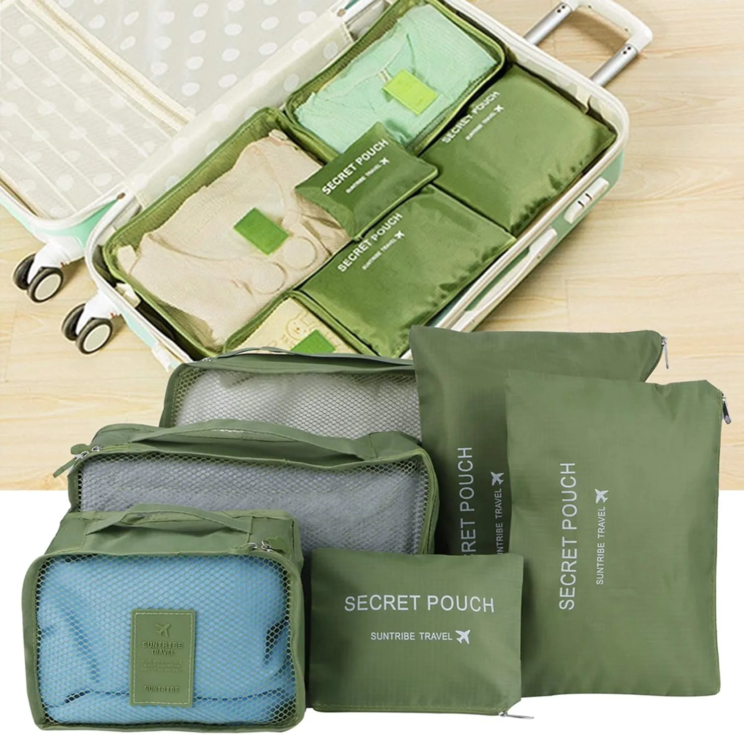 6pcs Luggage Organizer Bags, Nylon Cloth Packing Cubes for Travel Travel Organizer Bags Travel Compression Bags Traveling Bags for Women, Travel (Green)