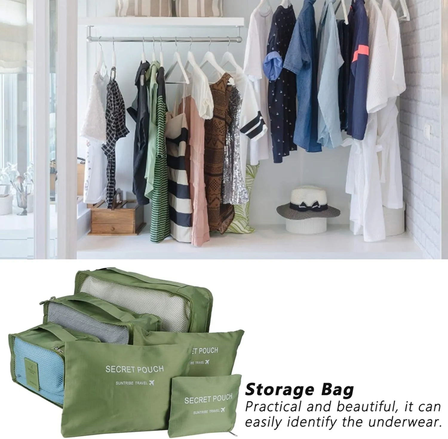 6pcs Luggage Organizer Bags, Nylon Cloth Packing Cubes for Travel Travel Organizer Bags Travel Compression Bags Traveling Bags for Women, Travel (Green)