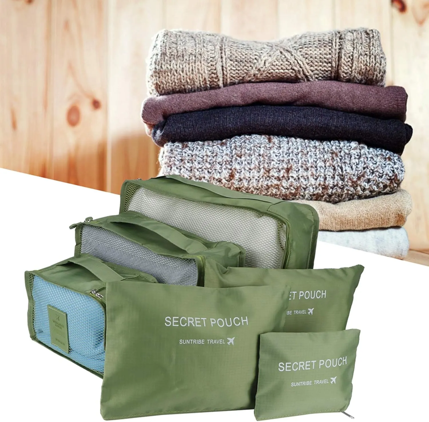 6pcs Luggage Organizer Bags, Nylon Cloth Packing Cubes for Travel Travel Organizer Bags Travel Compression Bags Traveling Bags for Women, Travel (Green)