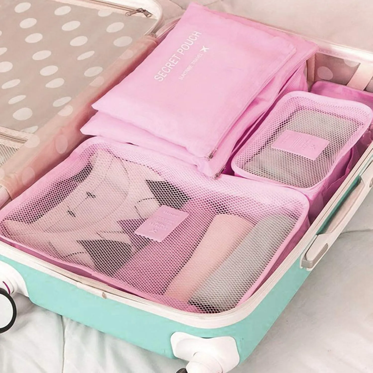 6pcs Luggage Organizer Bags, Nylon Cloth Packing Cubes for Travel Travel Organizer Bags Travel Compression Bags Traveling Bags for Women, Travel (Pink)