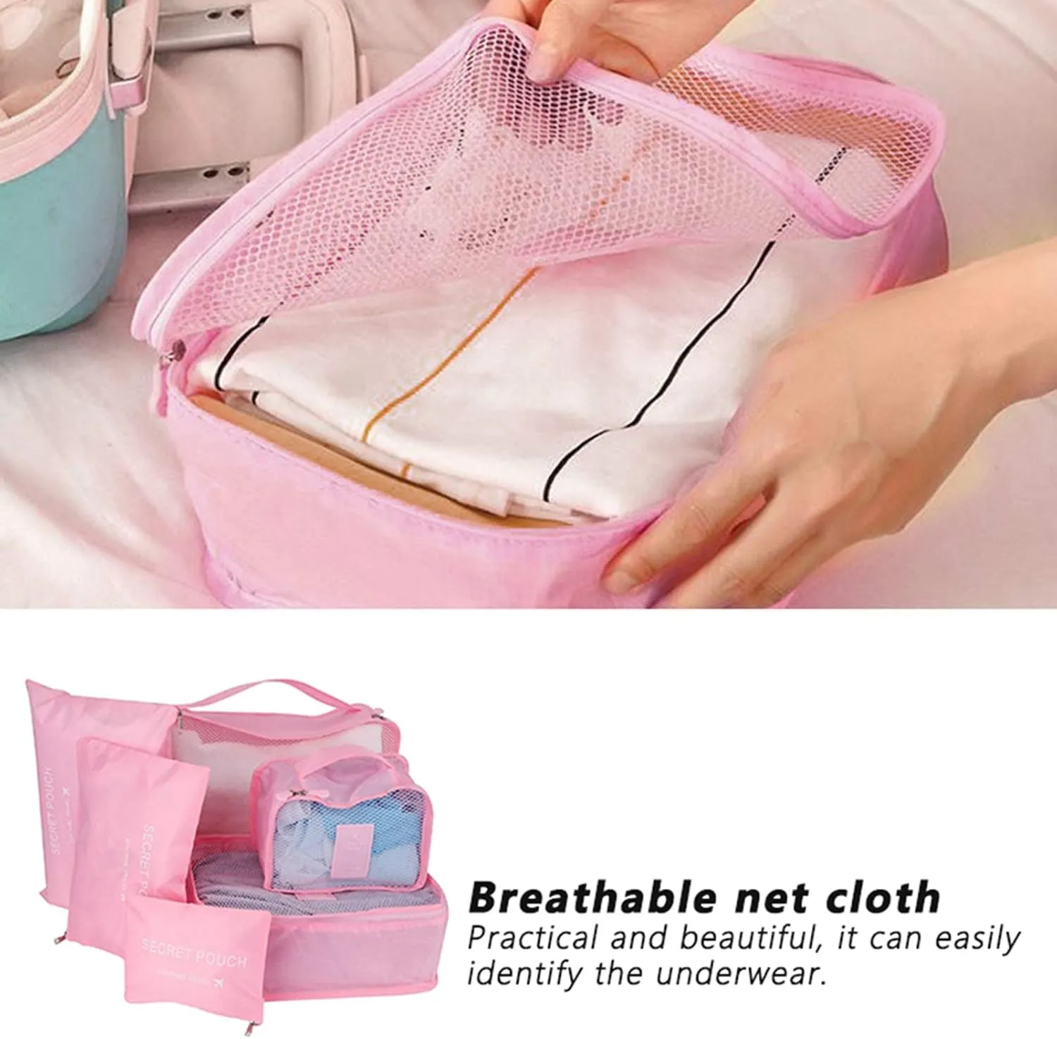 6pcs Luggage Organizer Bags, Nylon Cloth Packing Cubes for Travel Travel Organizer Bags Travel Compression Bags Traveling Bags for Women, Travel (Pink)