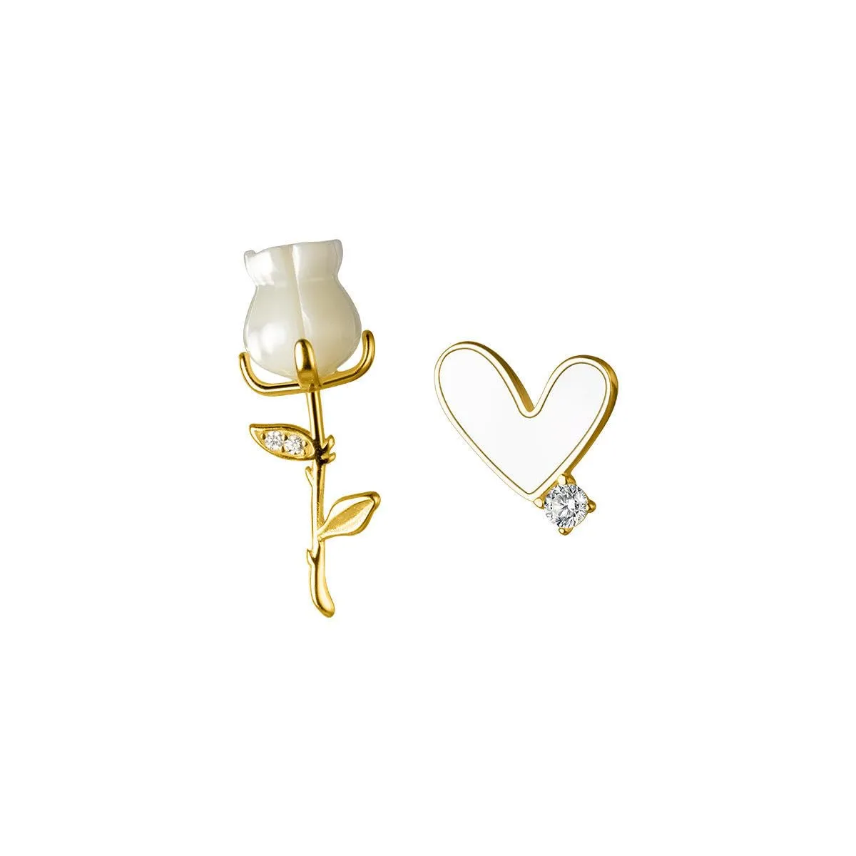 925 Sterling Silver Asymmetric Love Heart Rose Flower Shell Zircon Gold-Plated Stud Earrings for Women