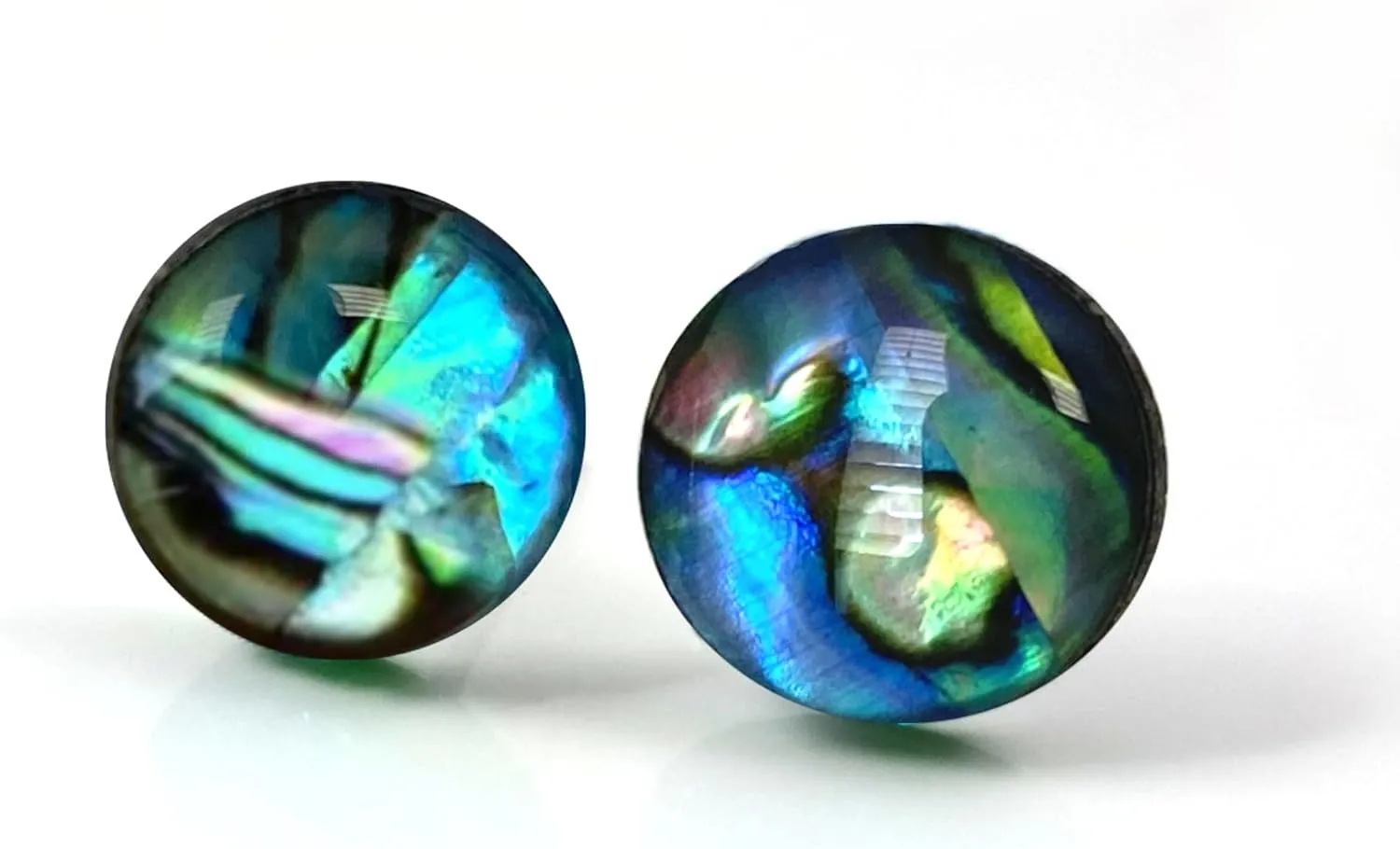 Abalone Shell Stud Earrings, 10mm Round, Blue Green Iridescent, Hypoallergenic with Stainless Steel or Titanium Posts
