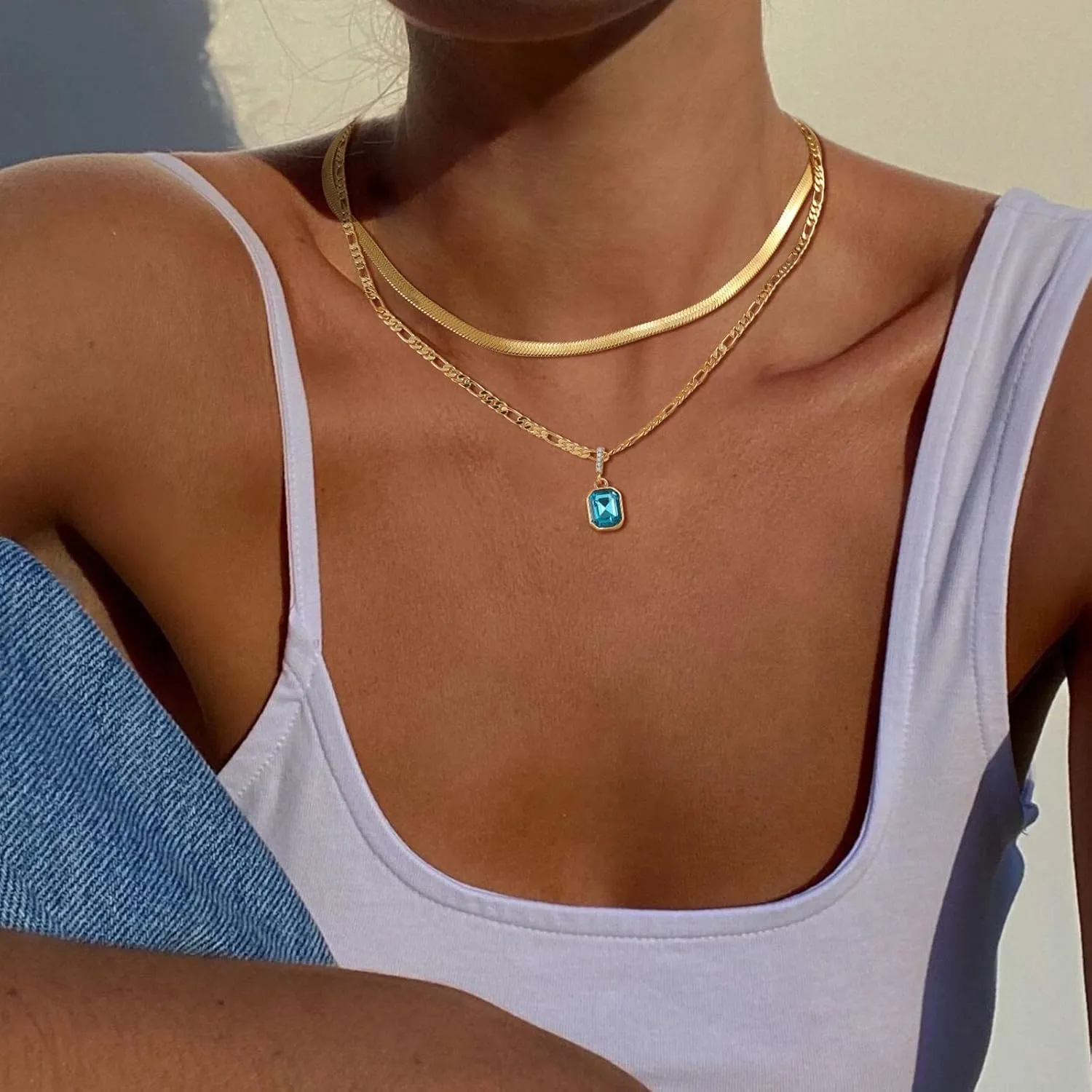 ACECHA Gold Layered Necklaces for Women, 18K Gold Plated Emerald Pendant Rectangle Necklaces for Teen, Layering Choker Necklace Jewelry Gifts