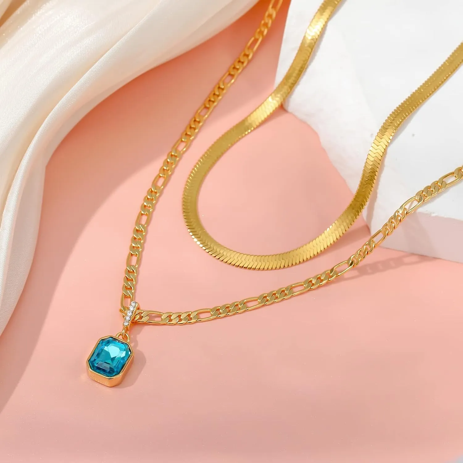 ACECHA Gold Layered Necklaces for Women, 18K Gold Plated Emerald Pendant Rectangle Necklaces for Teen, Layering Choker Necklace Jewelry Gifts