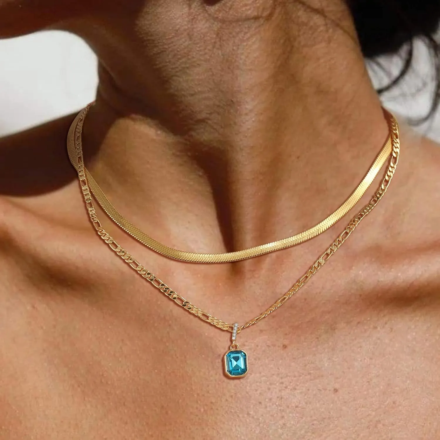 ACECHA Gold Layered Necklaces for Women, 18K Gold Plated Emerald Pendant Rectangle Necklaces for Teen, Layering Choker Necklace Jewelry Gifts