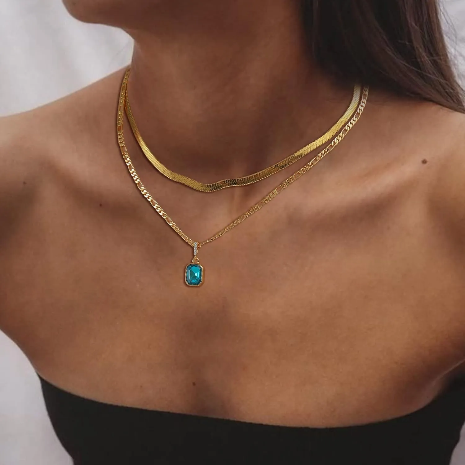 ACECHA Gold Layered Necklaces for Women, 18K Gold Plated Emerald Pendant Rectangle Necklaces for Teen, Layering Choker Necklace Jewelry Gifts