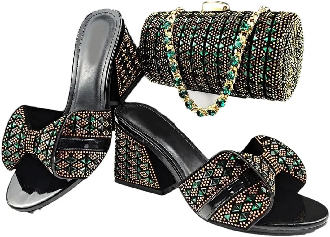 African Wedding Crystal Shoes Bag Set with Diamond-Embellished Heels and Evening Purse