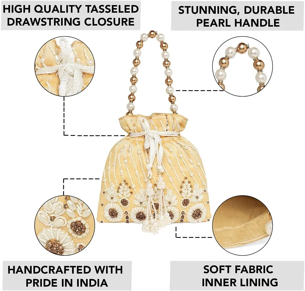 Aheli Gold Potli Bag Gift for Women Handmade Evening Wristlet Handbag Stylish Bridal Purse Fashion Bag
