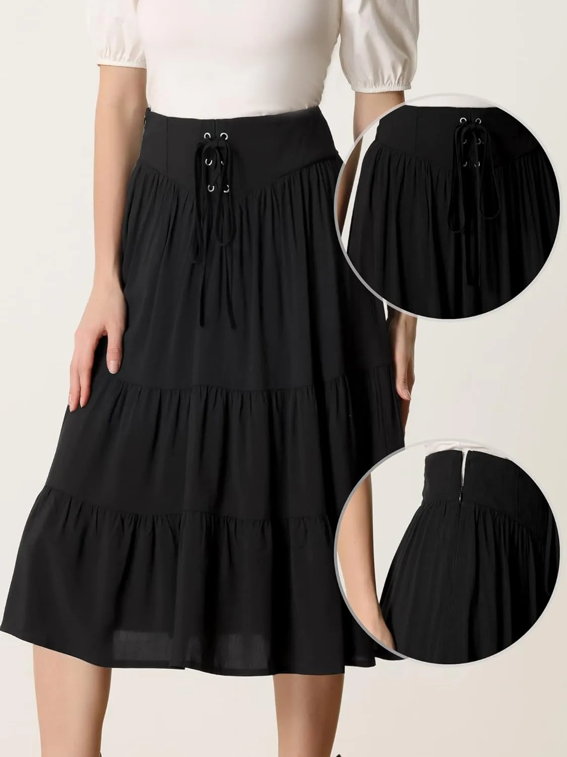 Allegra K Boho Midi Skirt for Women's Lace-Up Smocked Back Pleated A-Line Skirt