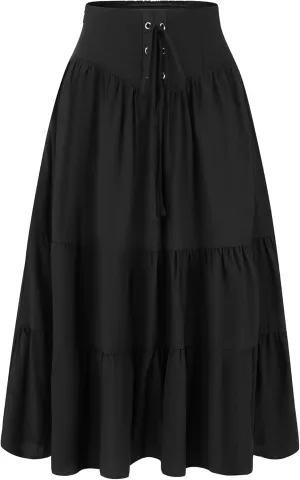 Allegra K Boho Midi Skirt for Women's Lace-Up Smocked Back Pleated A-Line Skirt