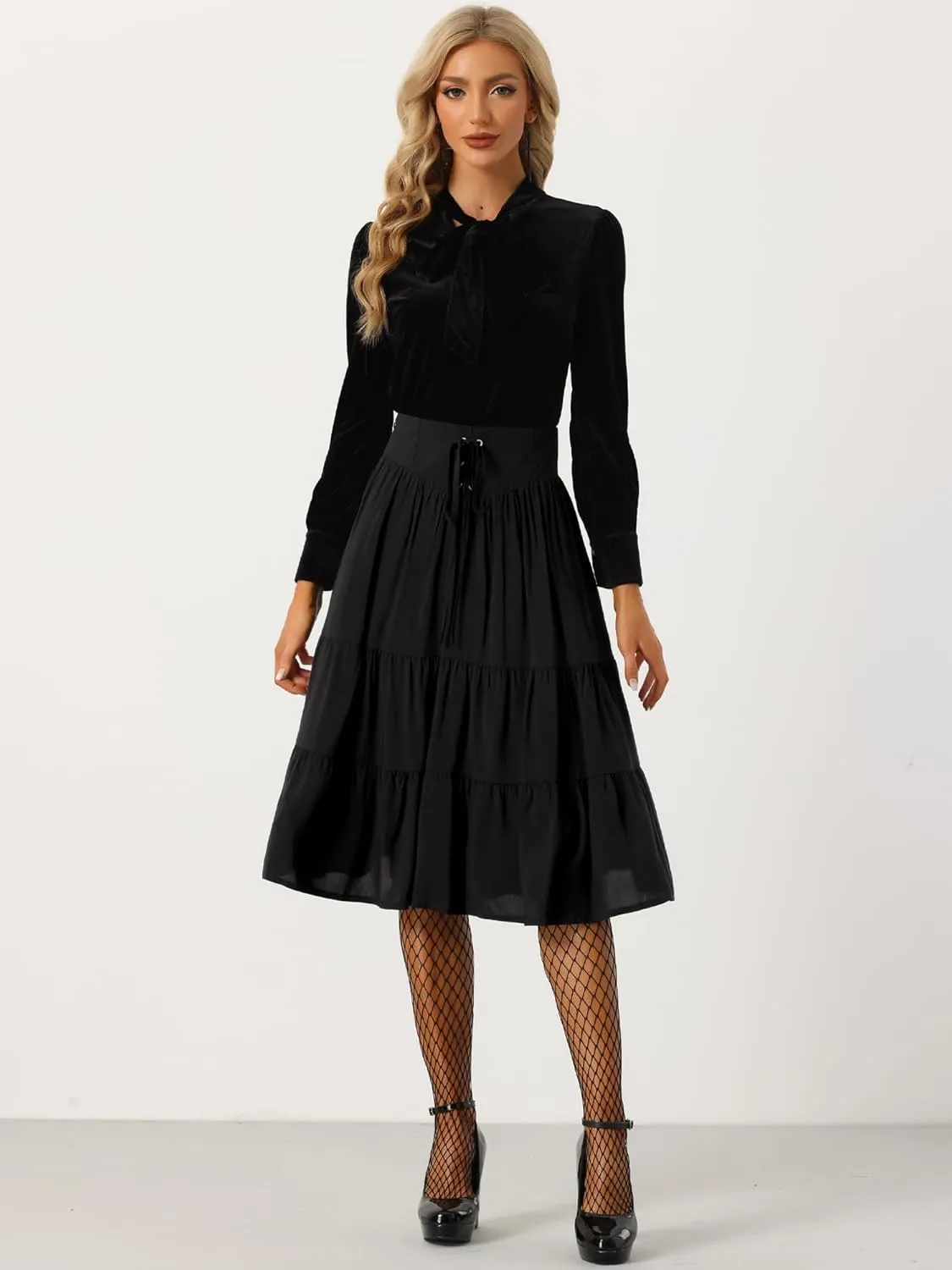 Allegra K Boho Midi Skirt for Women's Lace-Up Smocked Back Pleated A-Line Skirt